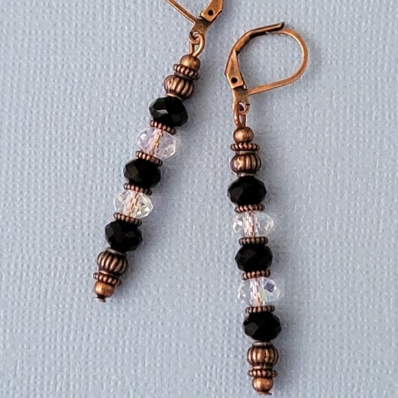 Black White CRYSTAL Rondelle EARRINGS Copper Brass Lever Back Earwires Art Deco - Picture 2 of 5